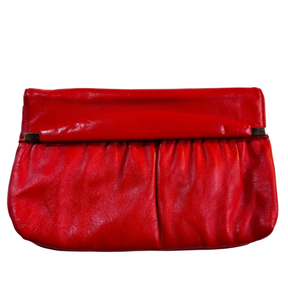 Vintage 80s Red Genuine Leather Clutch‎ Purse Envelope Fold Retro Glam Mob Wife